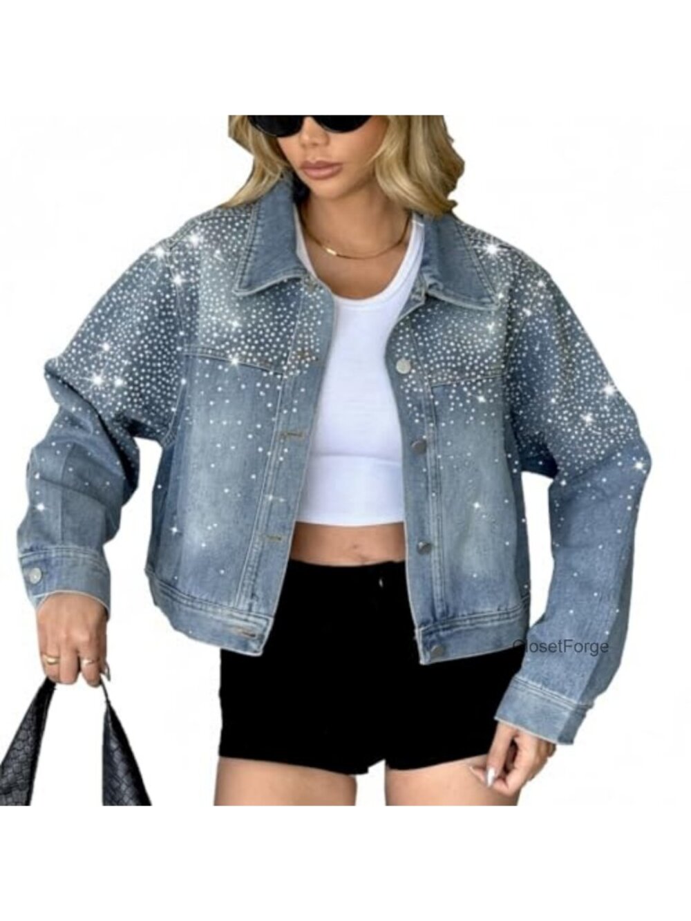Rhinestone Crop Denim Jacket Button Down Boyfriend Jean Jacket Sparkle Glitter